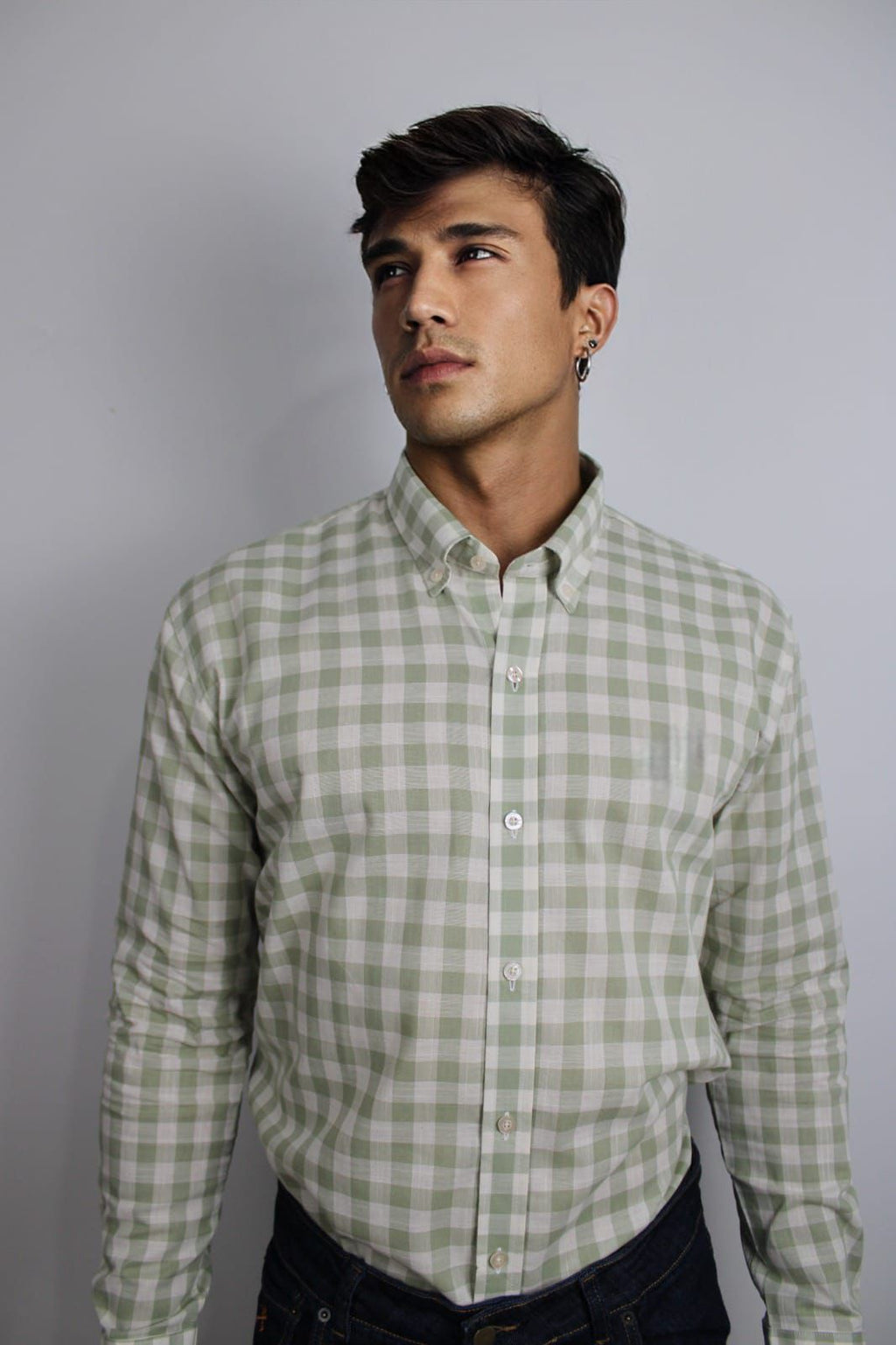 CAMISA HOMBRE CUADROS VERDE CON BLANCO LINO