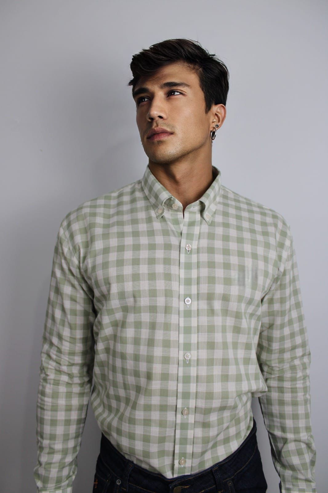 CAMISA HOMBRE CUADROS VERDE CON BLANCO LINO