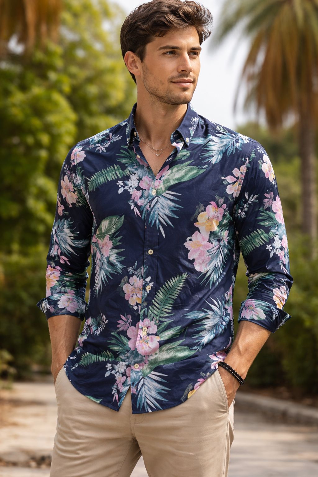 CAMISA HOMBRE TROPICAL MANGA LARGA ALGODÓN