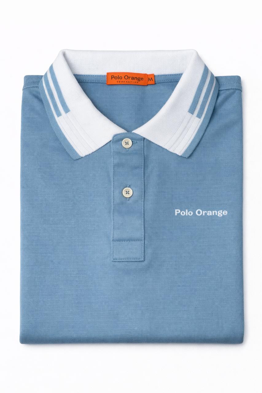 Polo Hombre Azul Celeste Cuello Combinado Algodón Premium