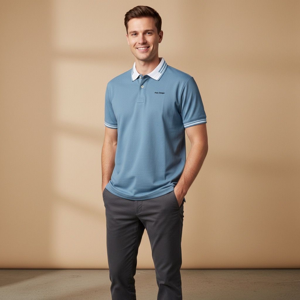 Polo Hombre Azul Celeste Cuello Combinado Algodón Premium