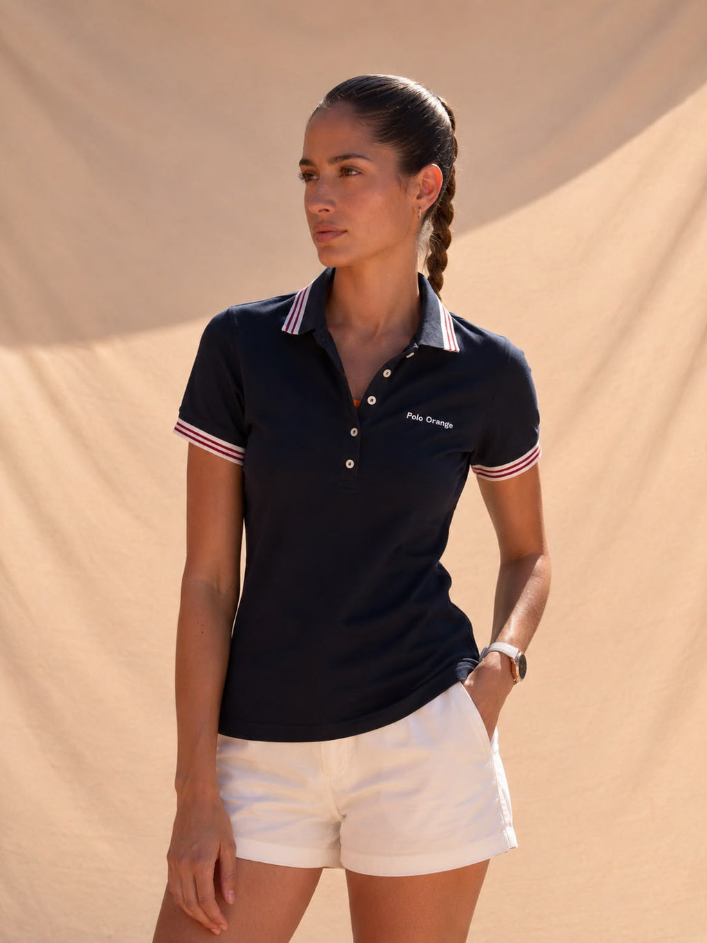 POLO MUJER AZUL NAVY CON LINEA ROJA