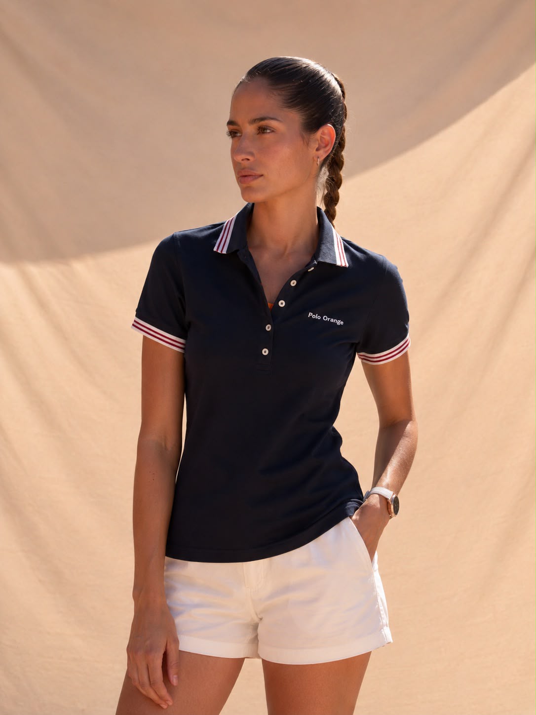 POLO MUJER AZUL NAVY CON LINEA ROJA