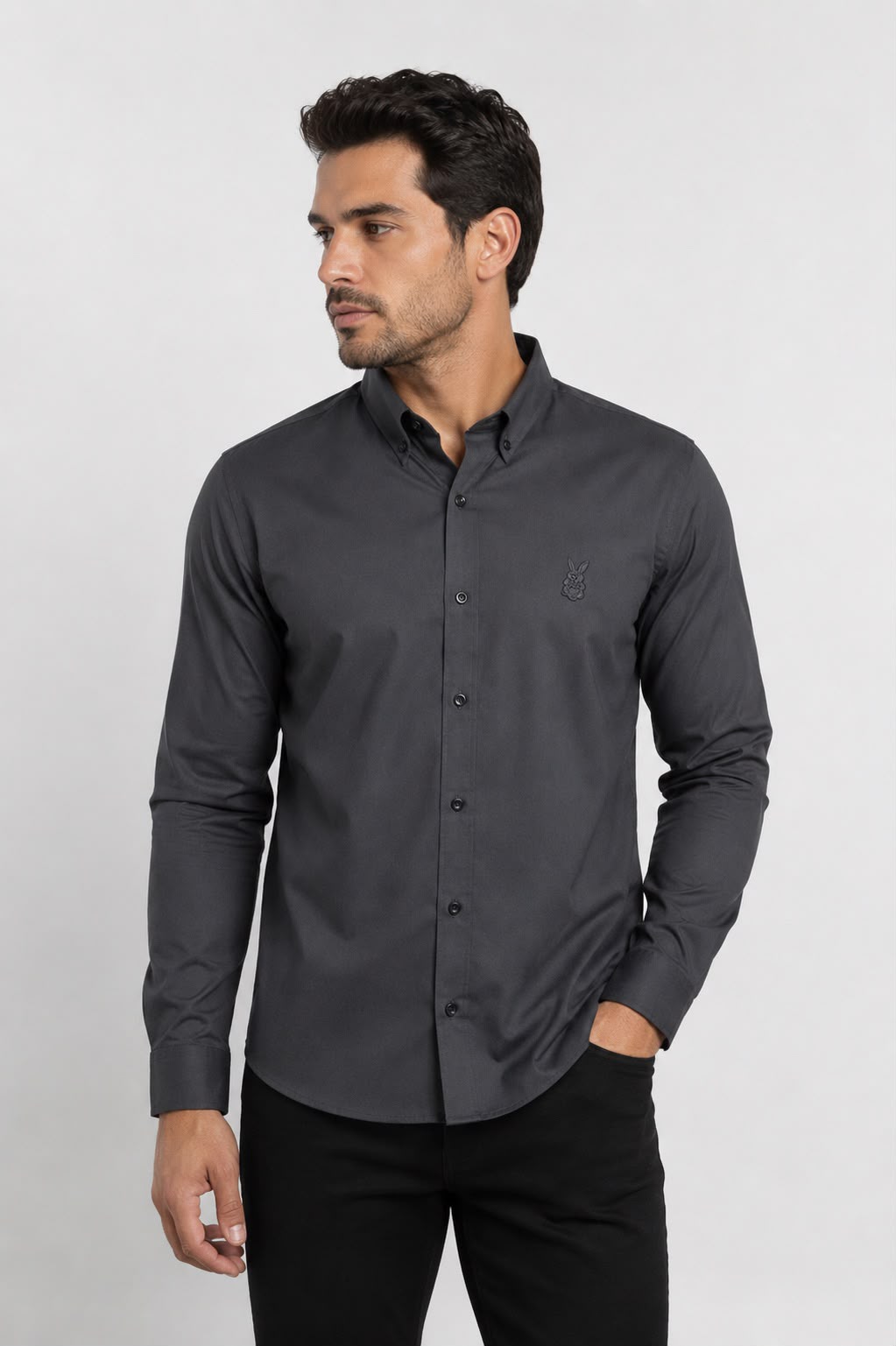 CAMISA HOMBRE GRIS OSCURO ALGODÓN