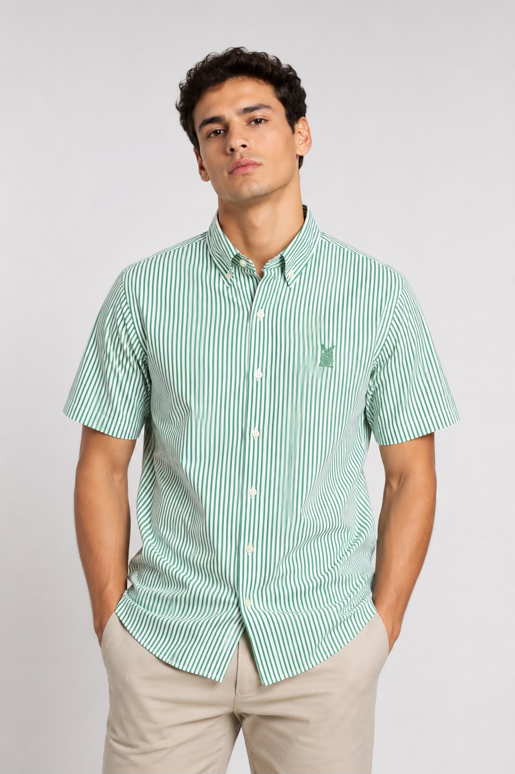 CAMISA HOMBRE RAYA  VERDE MANGA CORTA