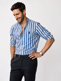 Camisa Hombre Rayas Azul Gruesa Manga Larga en Algodón