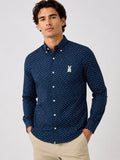 Camisa Hombre Azul con Pepitas Blancas Manga Larga en Algodón