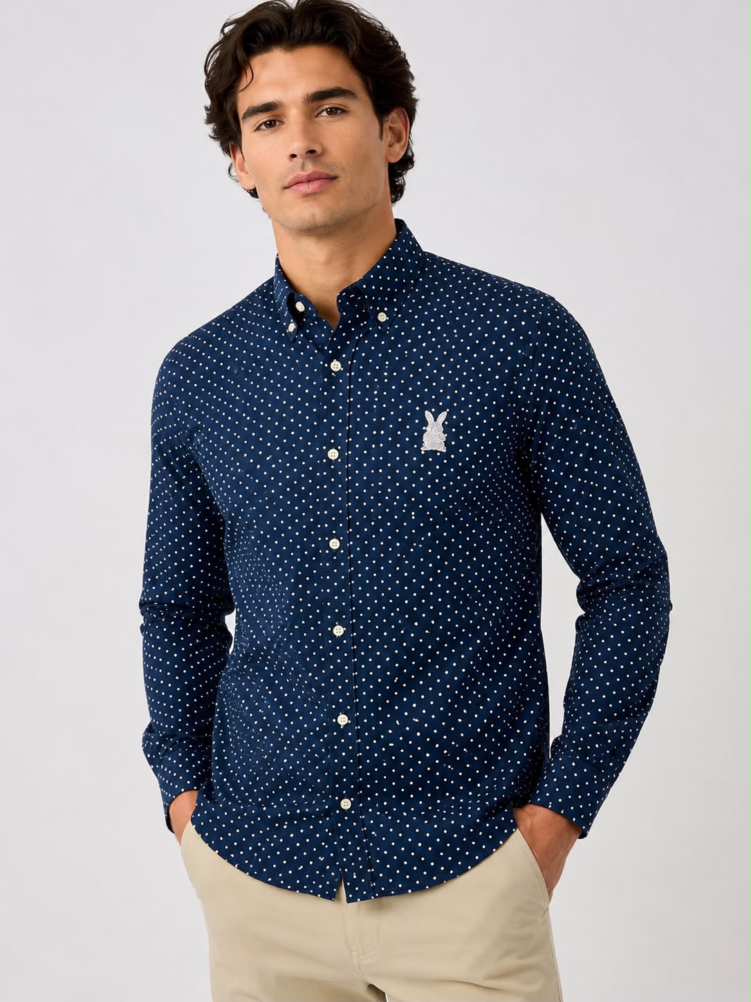 Camisa Hombre Azul con Pepitas Blancas Manga Larga en Algodón