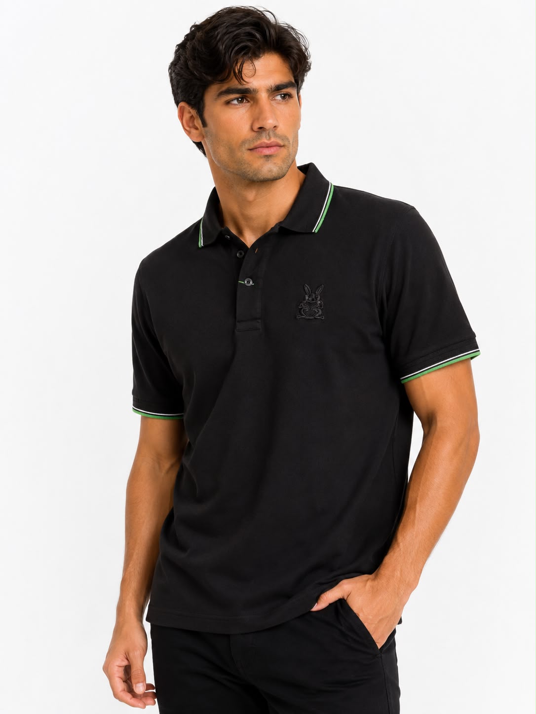 Polo Hombre Negro – Cuello con Línea Verde | Algodón Pima Peruano