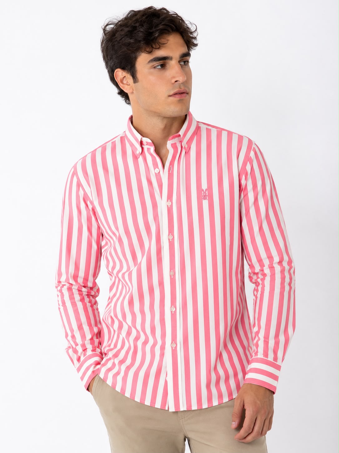 Camisa Hombre Raya Rosada Algodón Premium
