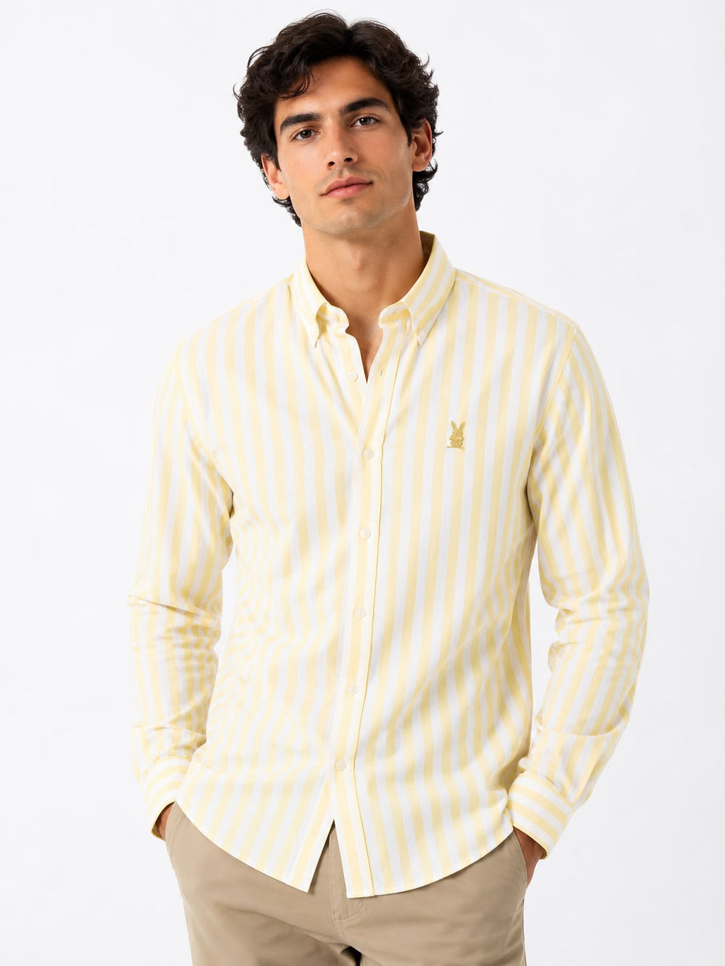 Camisa Hombre Raya Amarilla Gruesa Algodón
