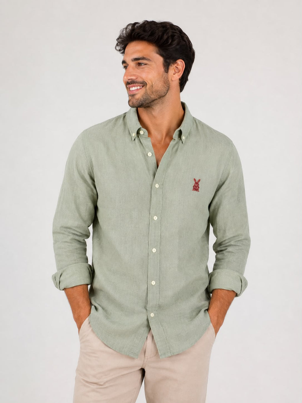 CAMISA HOMBRE MANGA LARGA VERDE OLIVA LINO