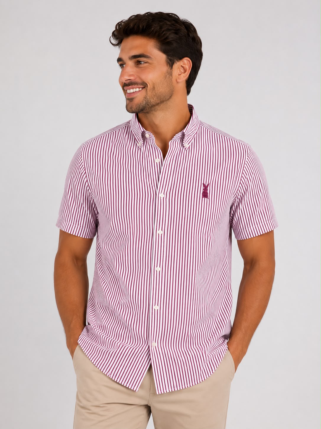 CAMISA HOMBRE RAYA MORADA MANGA CORTA