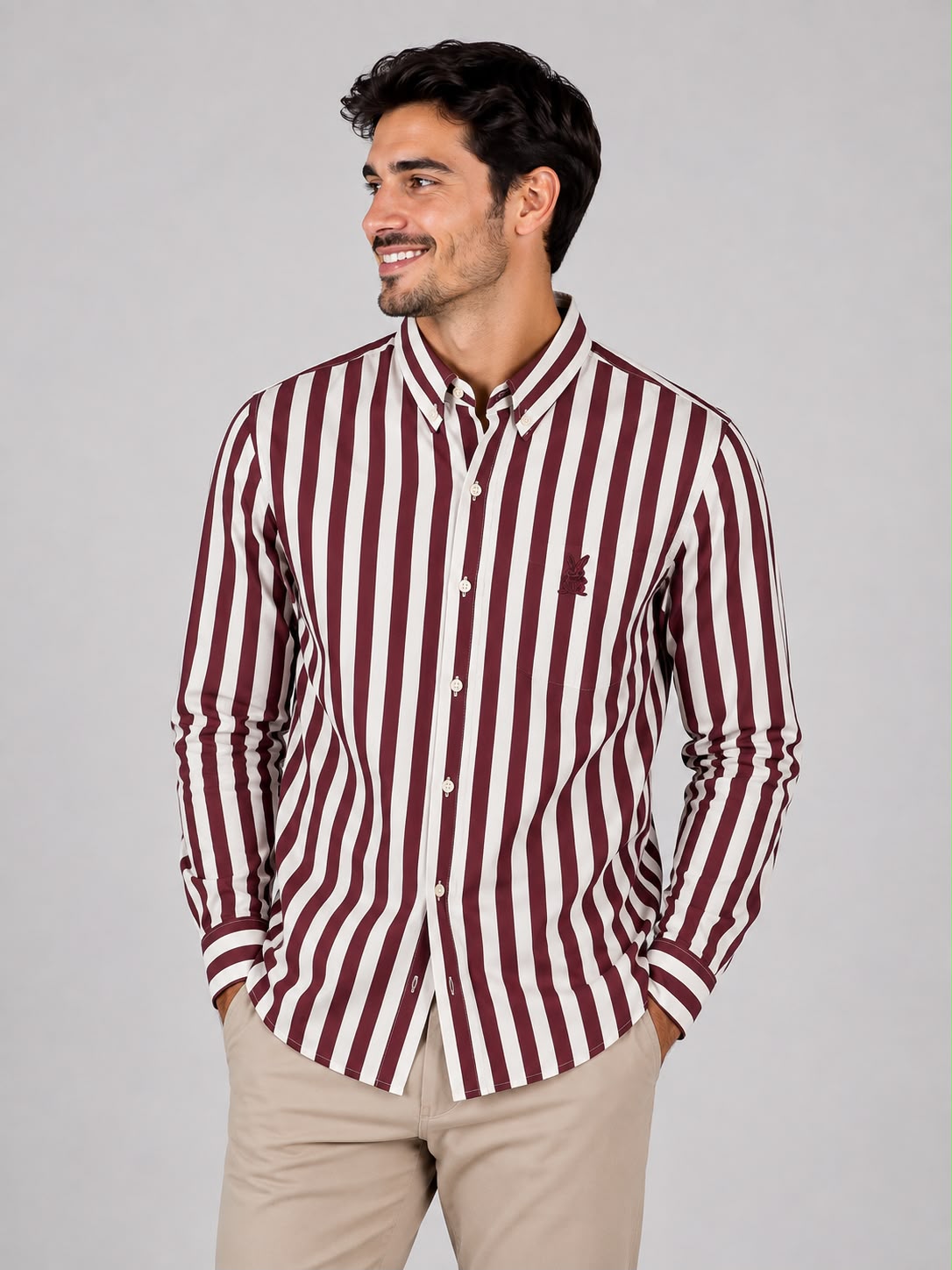 CAMISA HOMBRE RAYA GRUESA VINO TINTO ALGODON