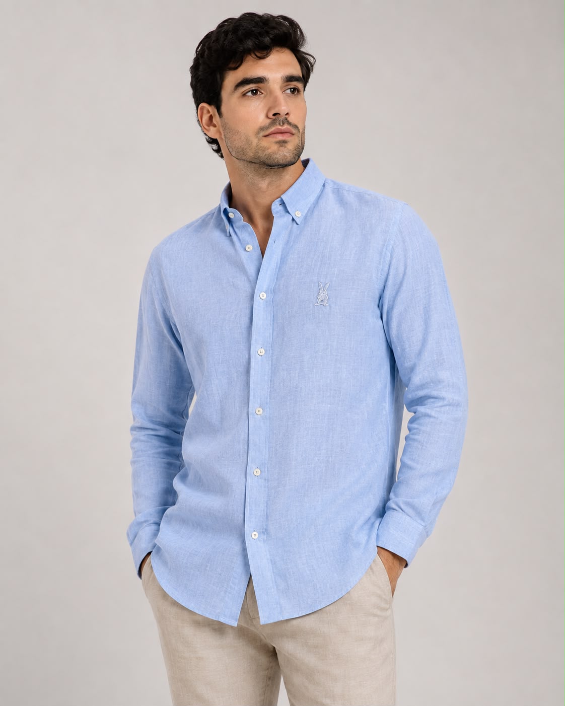 CAMISA HOMBRE MANGA LARGA AZUL MEDIO ALGODON