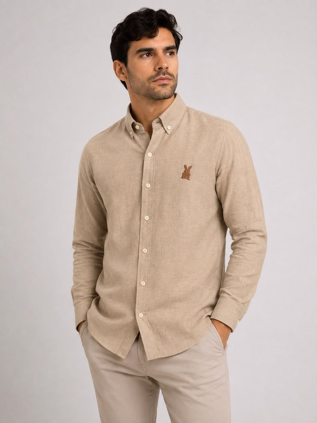 Camisa Hombre Manga Larga Beige en Lino