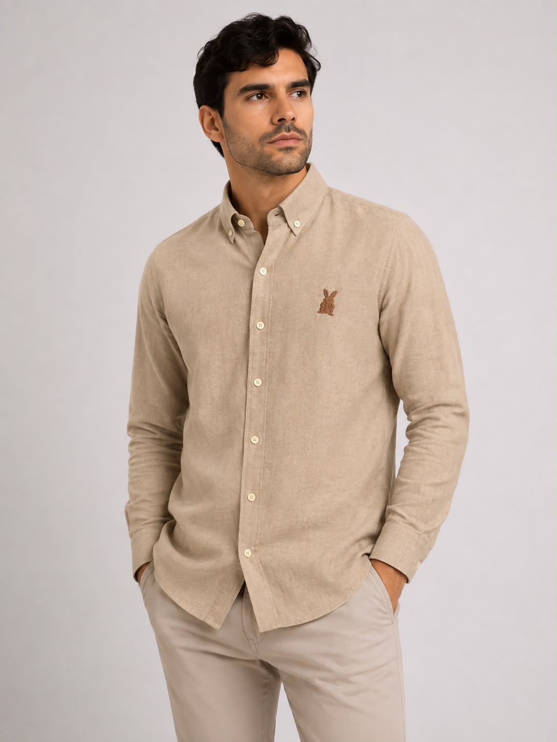 Camisa Hombre Manga Larga Beige en Lino