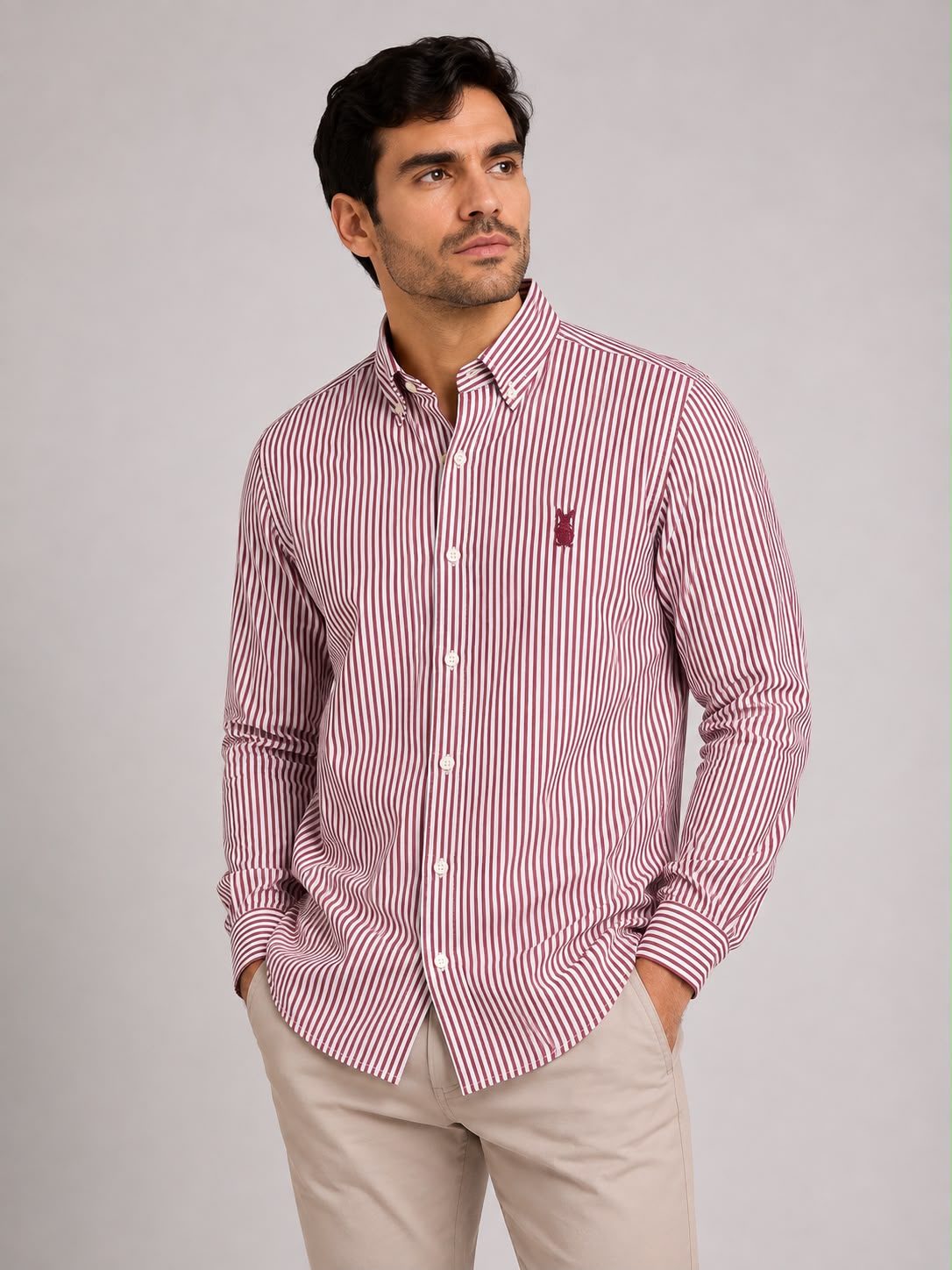 CAMISA HOMBRE RAYA DELGADA VINO TINTO ALGODON