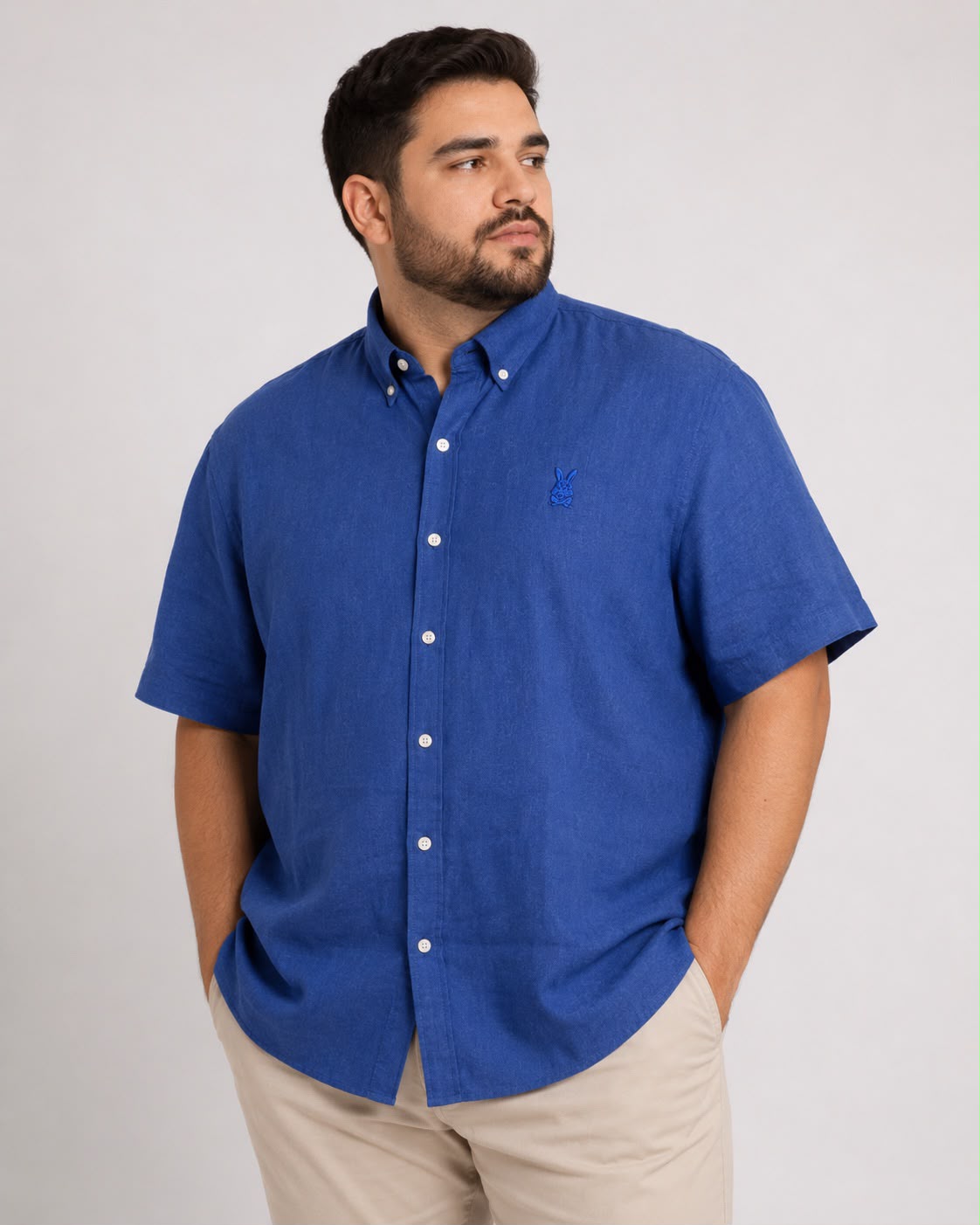 Camisa Hombre Azul Marino Manga Corta en Lino