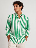 Camisa Hombre Manga Larga Raya Verde con Blanco Algodón Premium