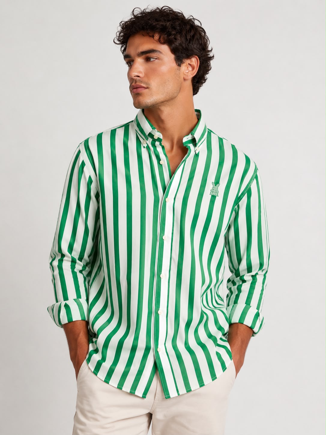 Camisa Hombre Manga Larga Raya Verde con Blanco Algodón Premium