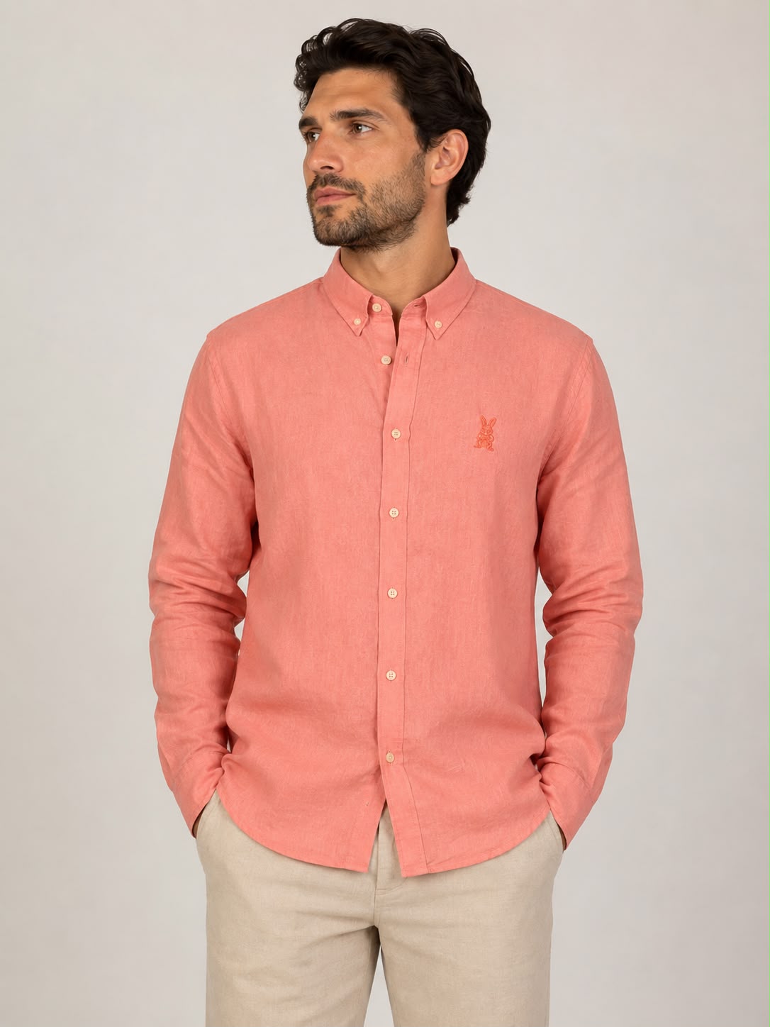 CAMISA HOMBRE SALMÓN LINO