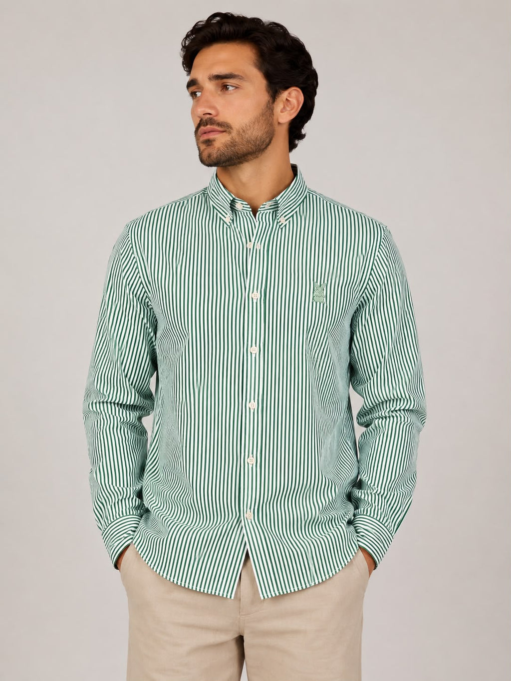 CAMISA HOMBRE RAYA VERDE JADE LÍNEA DELGADA EN ALGODÓN