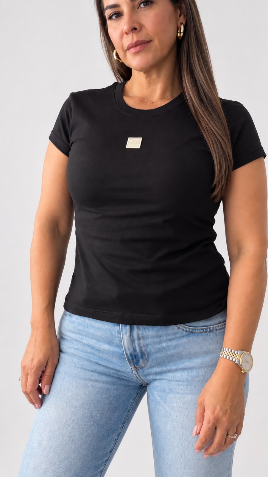 Camiseta para Mujer Negra en Algodón con Logo en Rubber