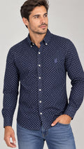 Camisa Hombre Azul con Pepitas Blancas Manga Larga en Algodón