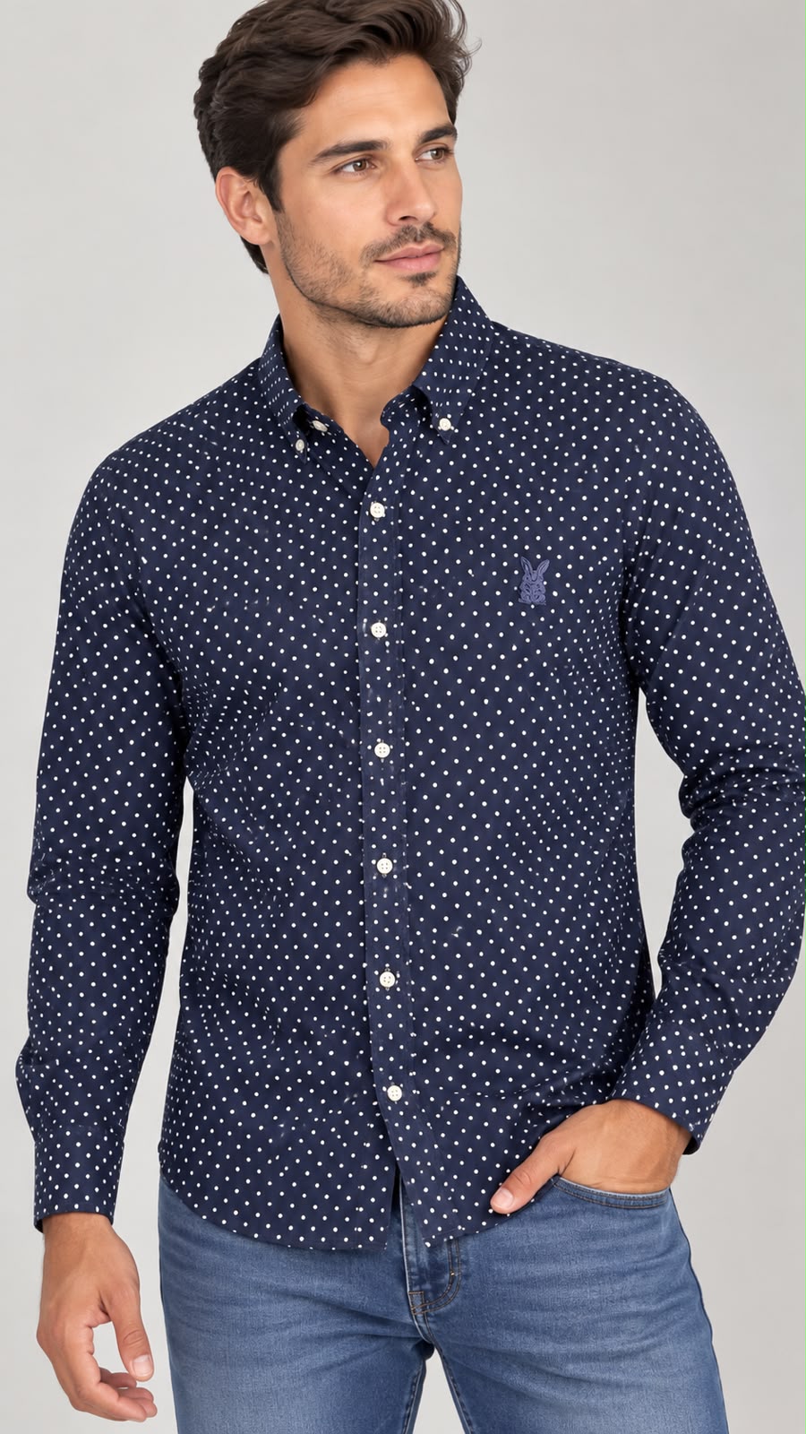 Camisa Hombre Azul con Pepitas Blancas Manga Larga en Algodón