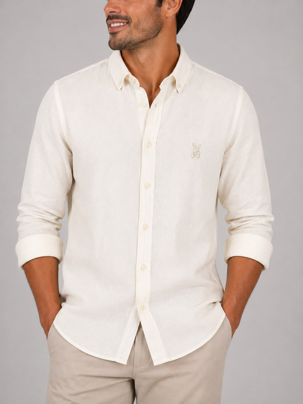 CAMISA HOMBRE MANGA LARGA HUESO LINO