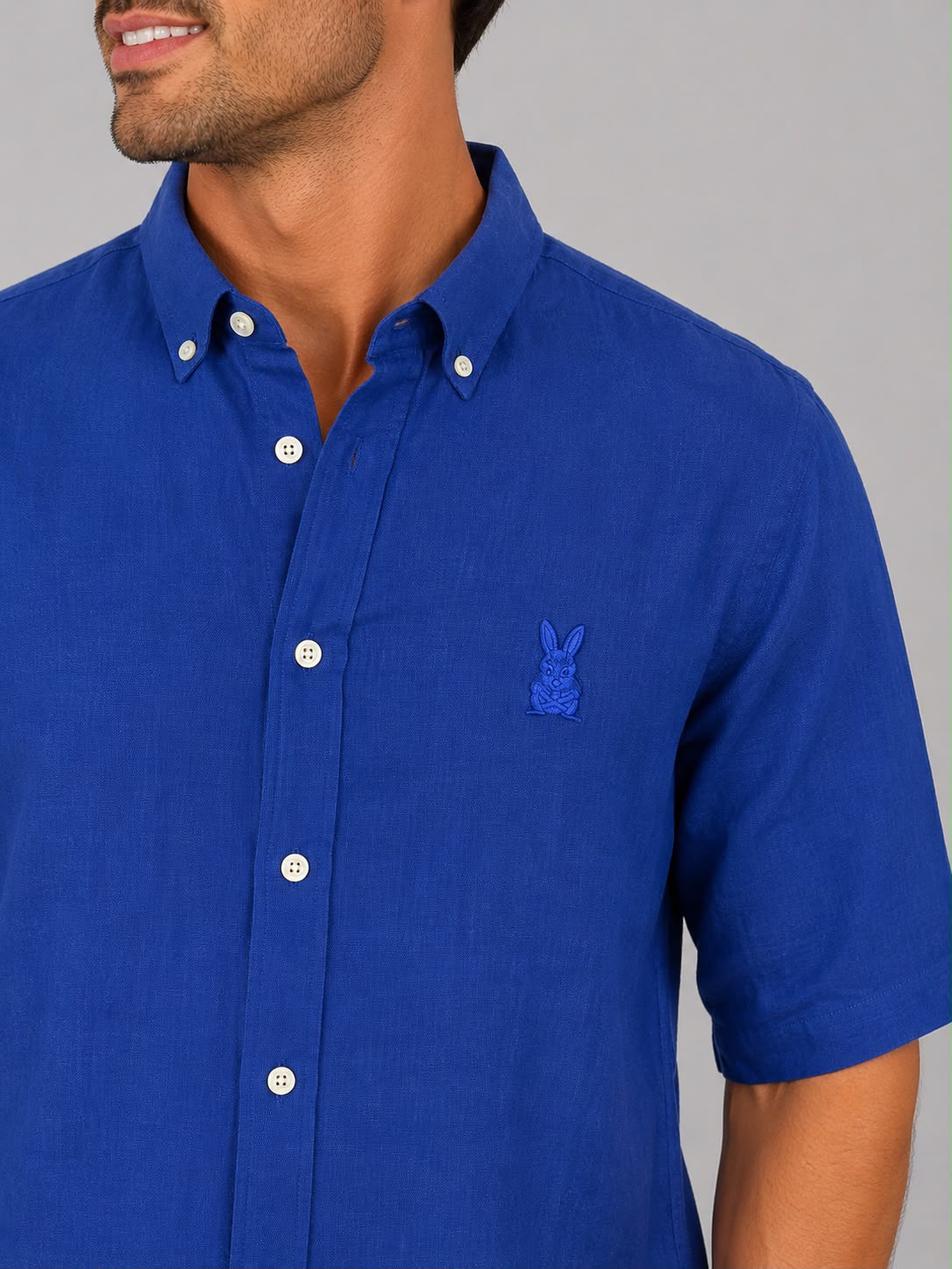 Camisa Hombre Azul Marino Manga Corta en Lino