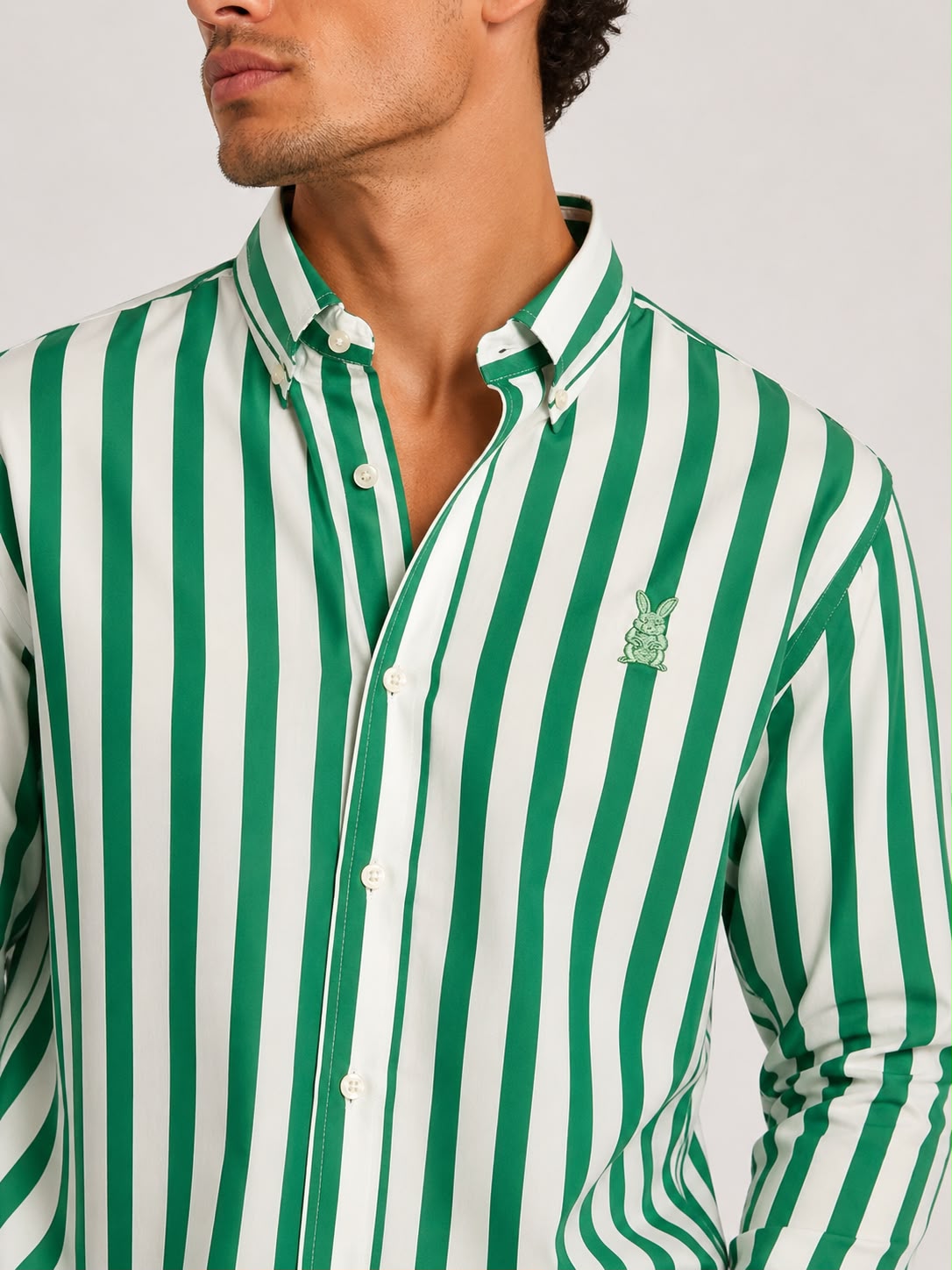 Camisa Hombre Manga Larga Raya Verde con Blanco Algodón Premium
