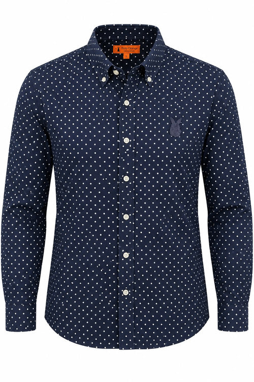 Camisa Hombre Azul con Pepitas Blancas Manga Larga en Algodón