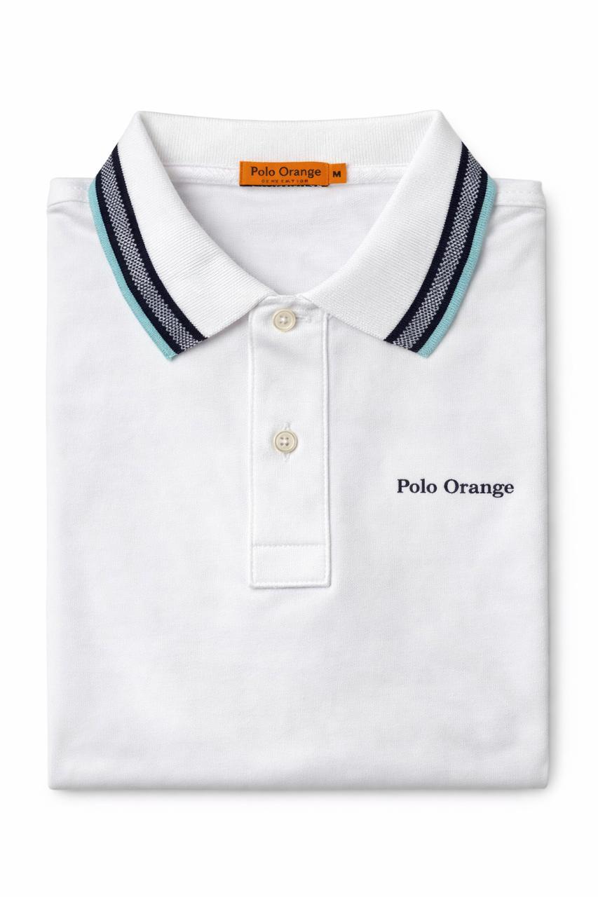 Polo Hombre Blanco Óptico Diseño en Cuello y Mangas Algodón Pima Peruano