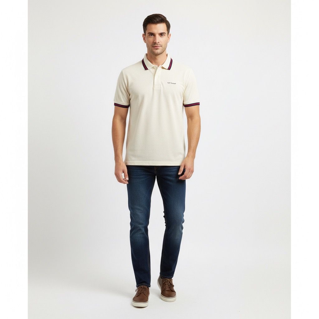 Polo Hombre Crema Cuello Combinado y Mangas Algodón Pima Peruano