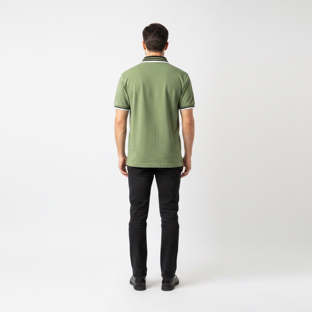 Polo Hombre Verde Oliva Cuello Combinado Algodón Pima Peruano
