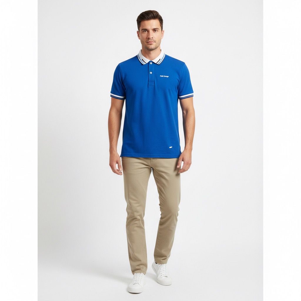 Polo Hombre Azul Rey Cuello Combinado Algodón Premium
