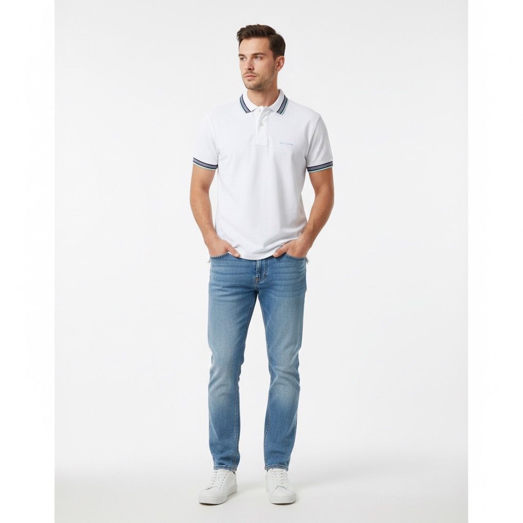 Polo Hombre Blanco Óptico Diseño en Cuello y Mangas Algodón Pima Peruano