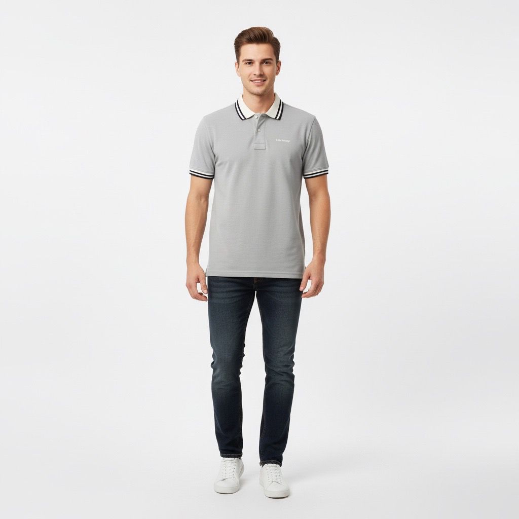 Polo Hombre Gris Claro Diseño en Cuello y Mangas Algodón Premium