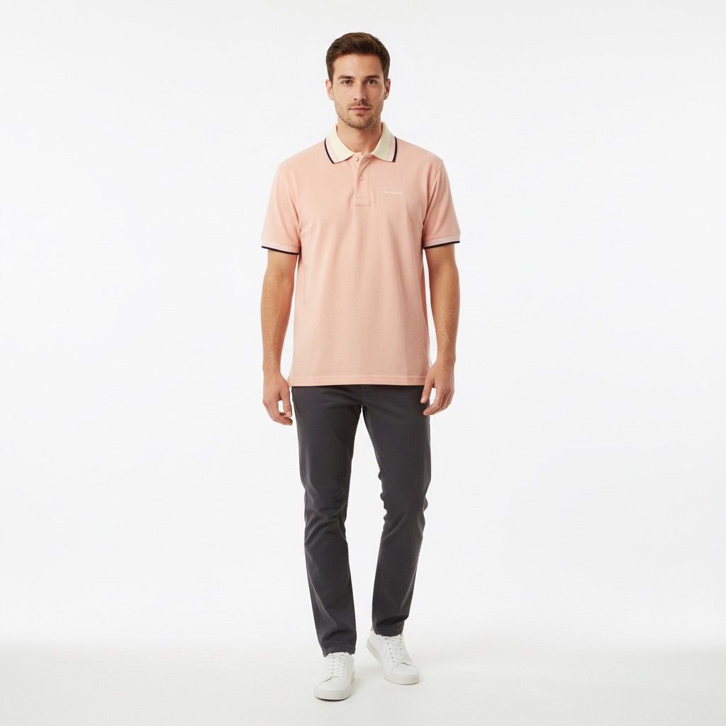 Polo Hombre Rosado Pálido Diseño en Cuello y Mangas Algodón Pima Peruano