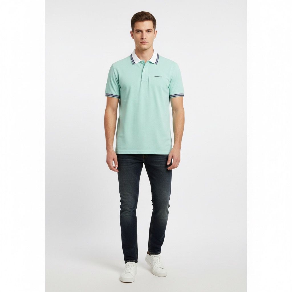 Polo Hombre Verde Menta Diseño en Cuello y Mangas Algodón Premium