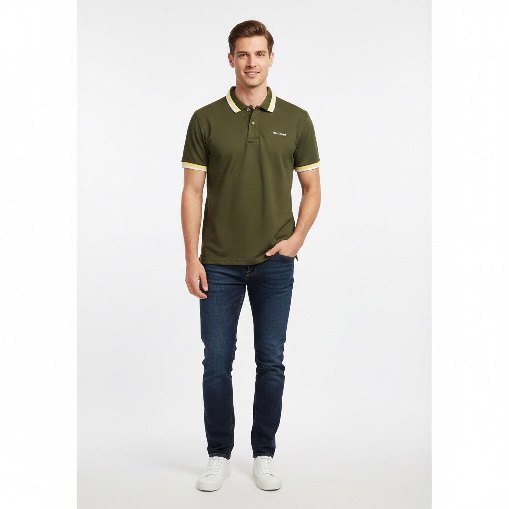 Polo Hombre Verde Militar Cuello con Bordado y Diseño Algodón Premium