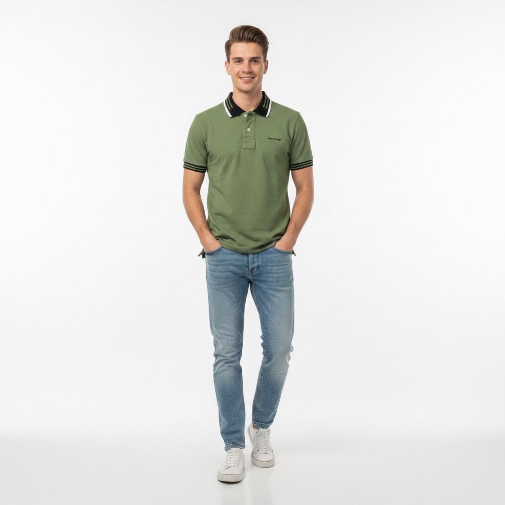 Polo Hombre Verde Oliva Cuello Combinado Algodón Pima Peruano
